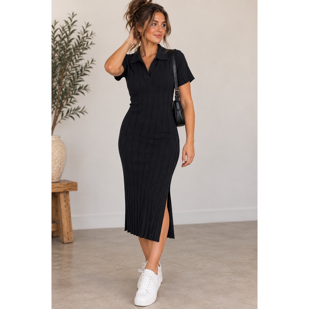 H&M Black Ribbed Knit Polo Midi Dress Short Sleeve V-Neck Side Slit Size Small